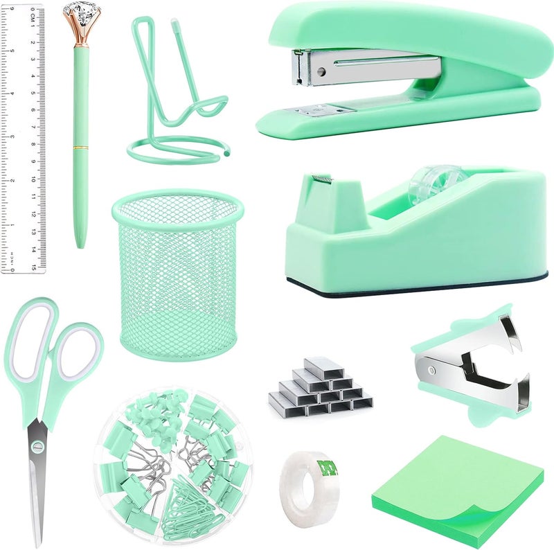 Famassi Green Office Supplies, Green Desk Accessories, Stapler, Staple Remover, Tape Holder, Pen Holder, Ballpoint Pen, Scissor, Binder Clips, 1000pcs Staples, Phone Holder, Ruler, Transparent Glue and Notes - Image 1